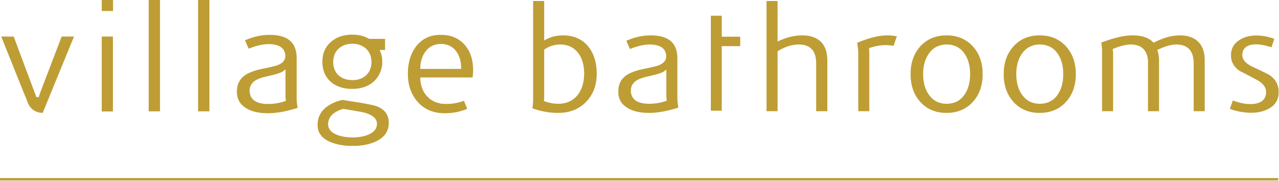 A logo displaying the words "village bathrooms" in lowercase, golden text on a transparent background.