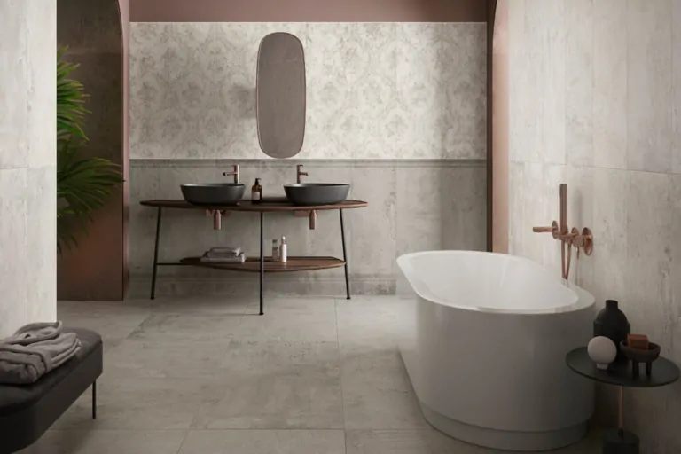 Modern bathroom featuring a freestanding tub, dual sinks, and stylish decor elements.