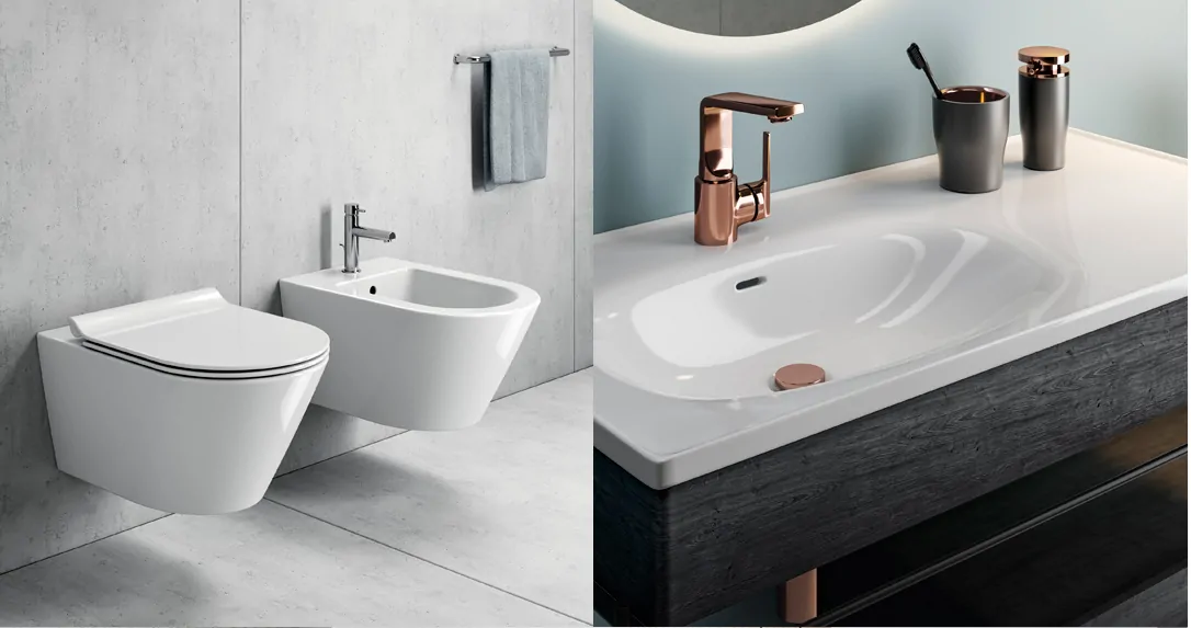 Modern bathroom fixtures, including a toilet, bidet, sink, and stylish tapware.