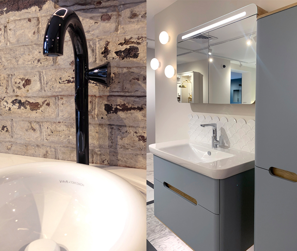 A sleek bathroom design featuring modern fixtures and light, textured materials.