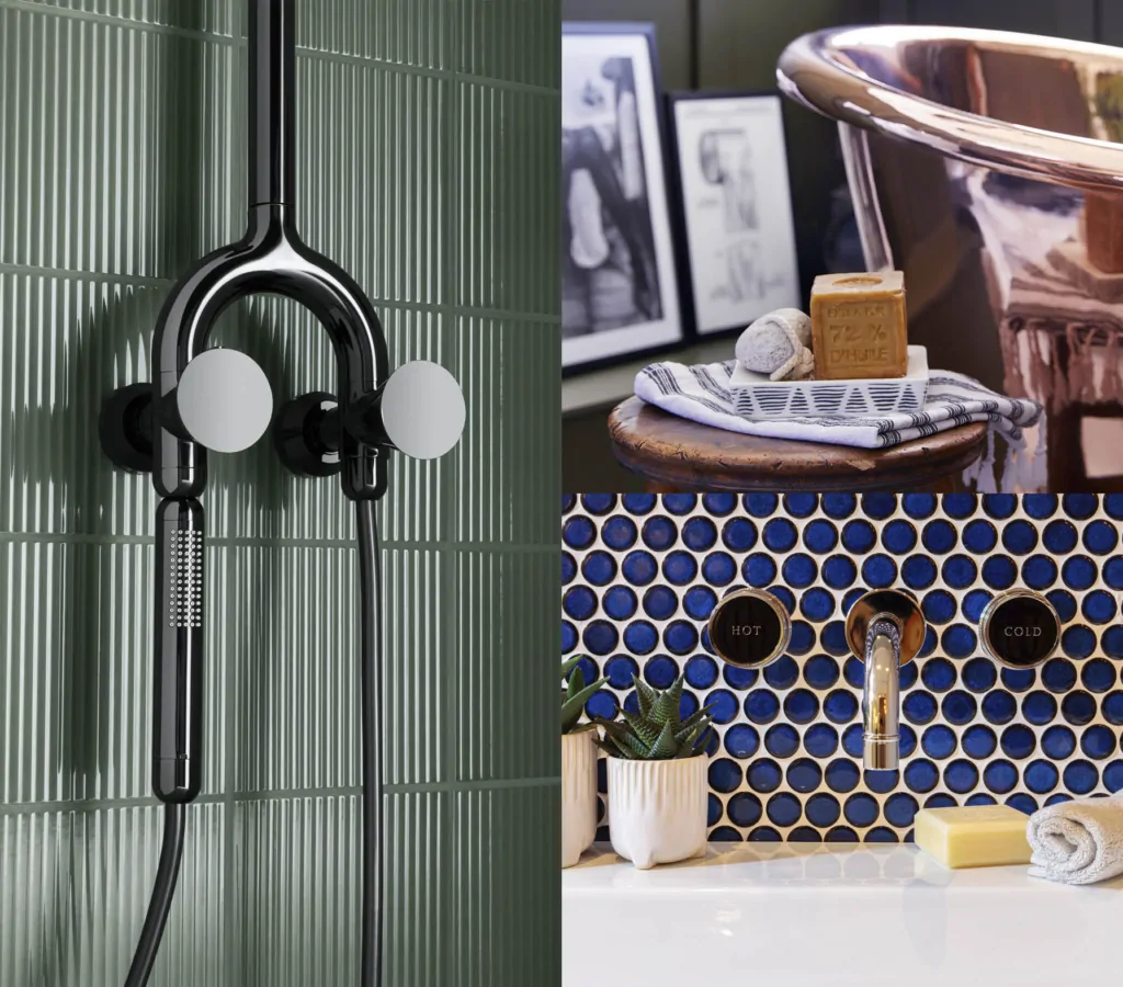 Modern bathroom fixtures showcase stylish taps, shower heads, and decorative elements in varied materials.