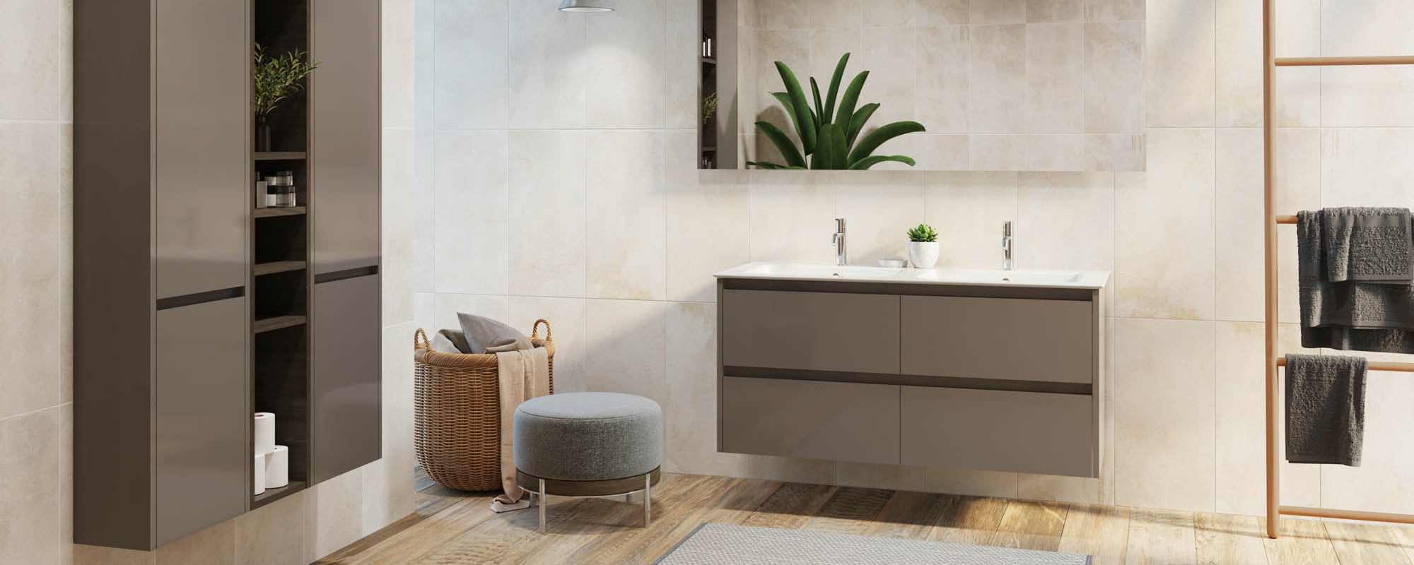 Modern bathroom featuring dual sinks, storage cabinets, and decorative plants. Warm lighting enhances simplicity.