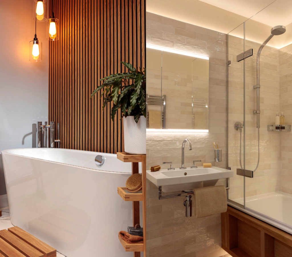 One bathroom features a freestanding bath; the other has a shower and sink.