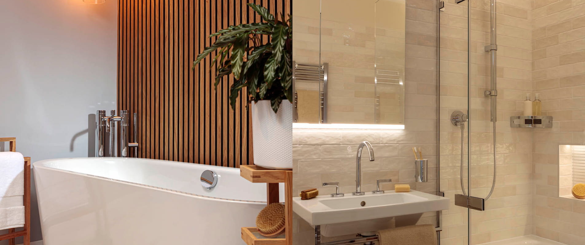 One bathroom features a freestanding bath; the other has a shower and sink.