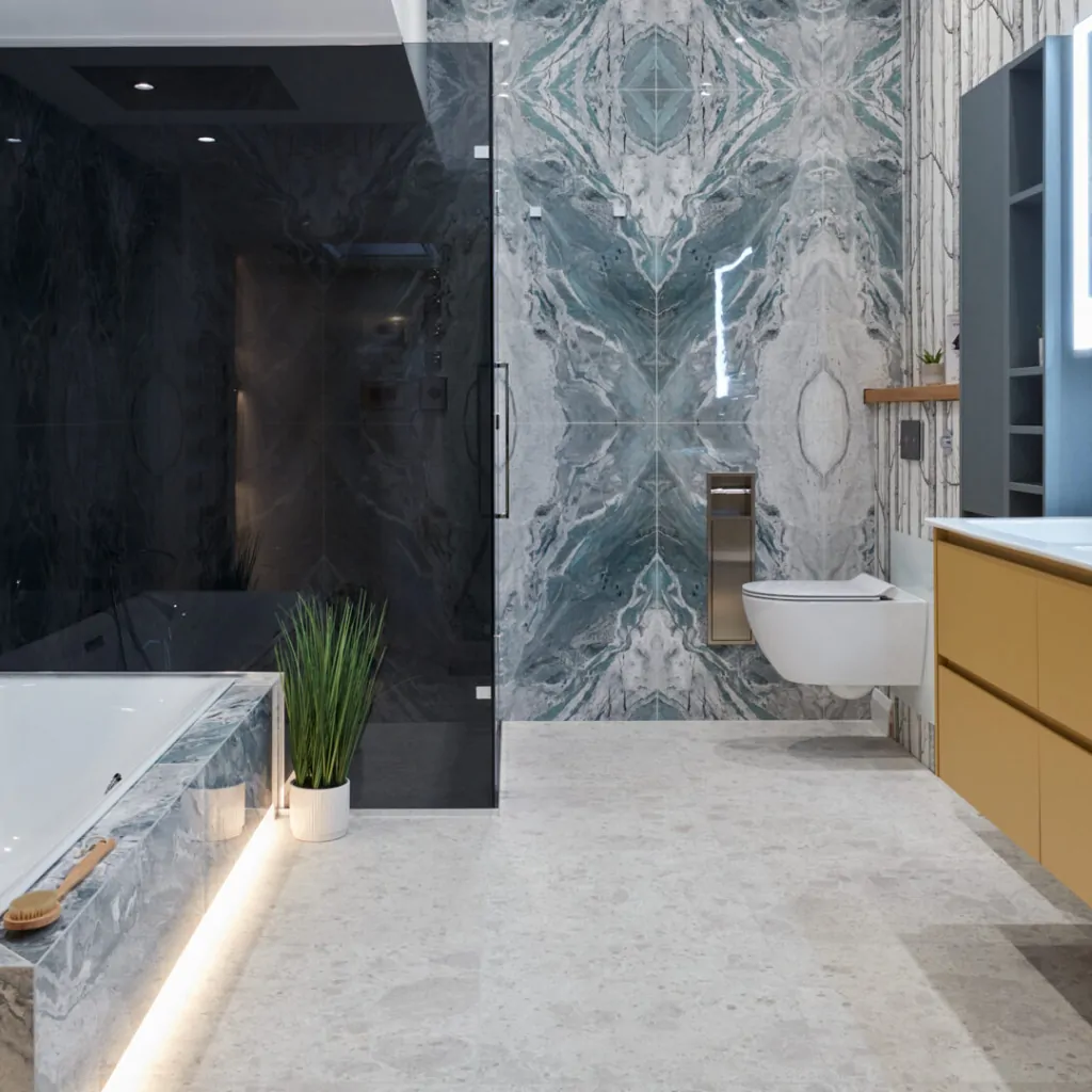 Modern bathroom featuring marble walls, a freestanding tub, shower, and minimalist cabinetry.