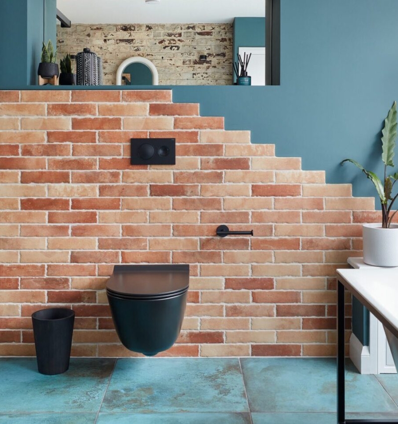 Modern bathroom with brick walls, glass shower, plant accents, and stylish fixtures.