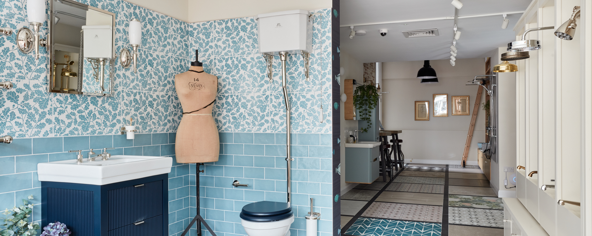 A stylish bathroom with patterned tiles, a sink, and a mannequin accentuating the decor.