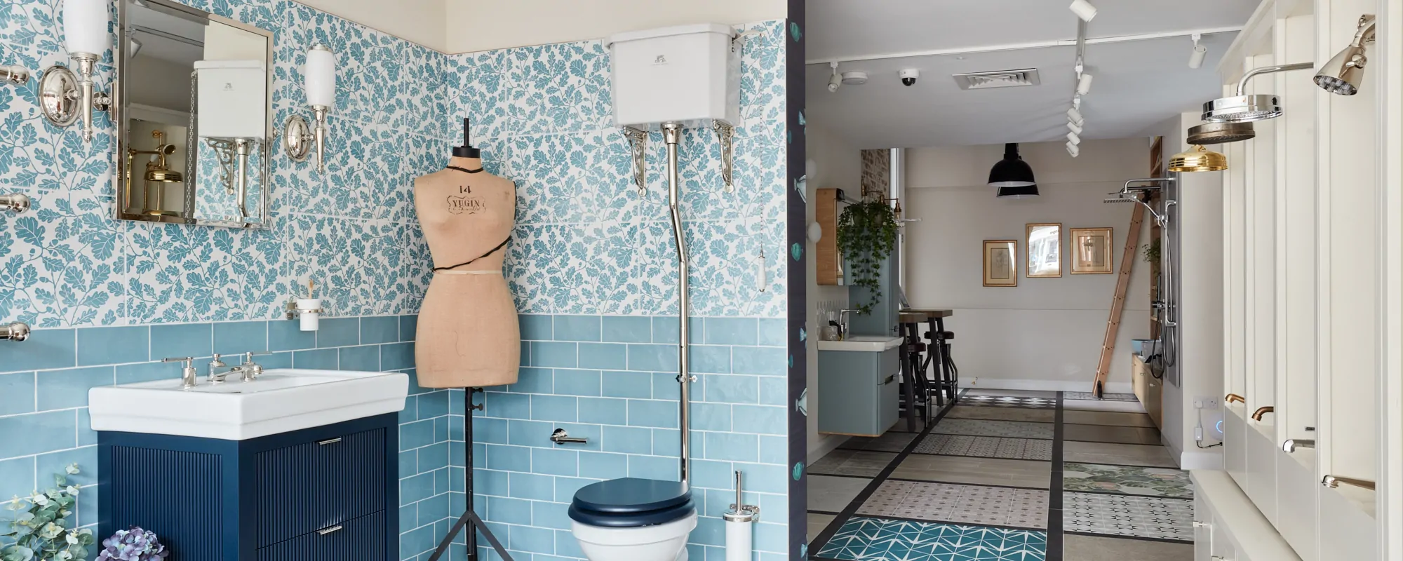 A stylish bathroom with patterned tiles, a sink, and a mannequin accentuating the decor.