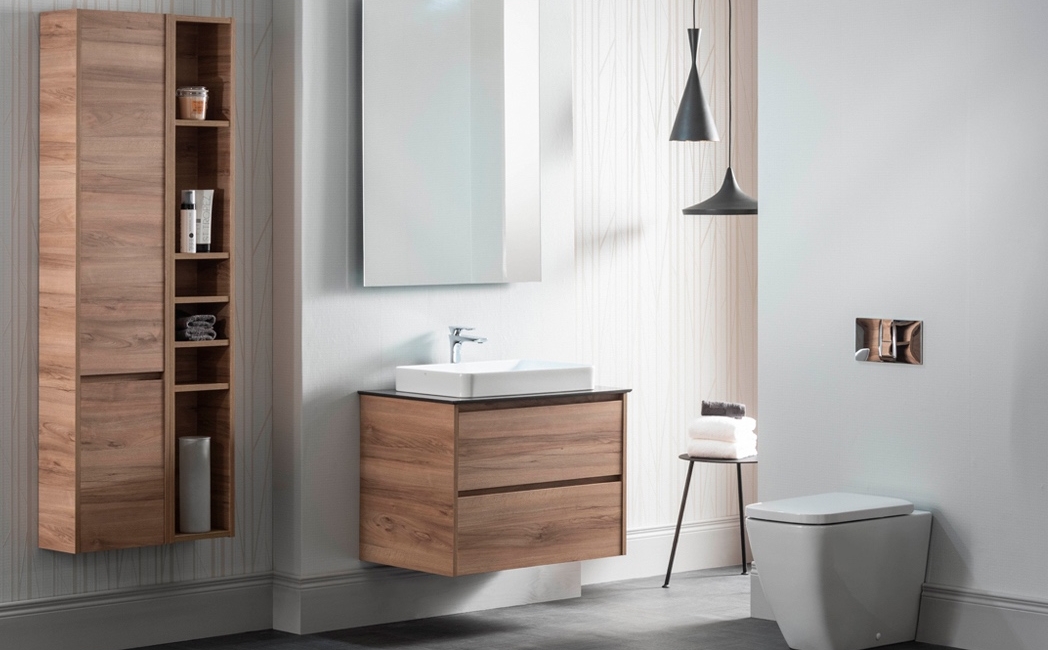 Modern bathroom with wooden cabinet and toilet