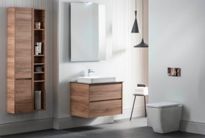 Modern bathroom with wooden cabinet and toilet