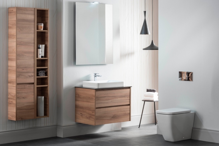 Modern bathroom with wooden cabinet and toilet