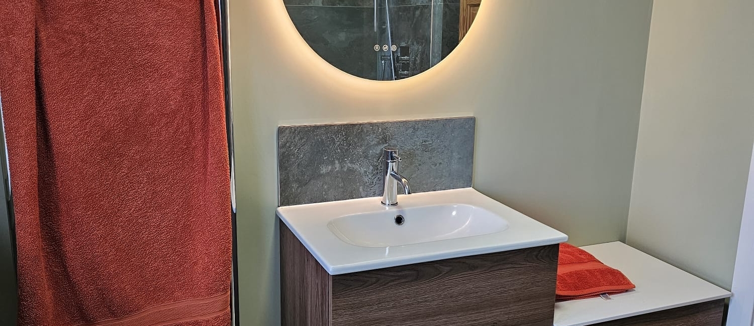 Green wet room with wall-hung vanity, illuminated round mirror and coral towel
