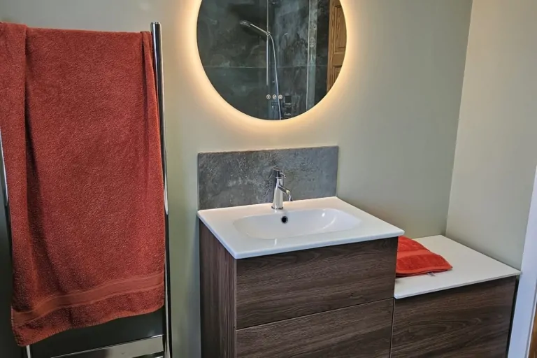 Green wet room with wall-hung vanity, illuminated round mirror and coral towel